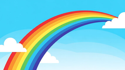 Naklejka premium A vibrant cartoon rainbow arches across a bright blue sky with fluffy white clouds at its ends.