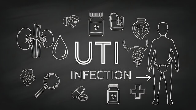 Chalkboard illustration detailing Urinary Tract Infection (UTI) with medical icons and human anatomy.