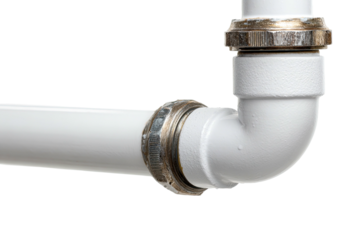 White plastic pipes joined by metallic connectors against black void