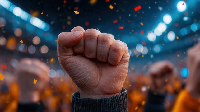 Powerful fist raised in celebration amidst a shower of confetti and blurred cheering crowd under vibrant stadium lights, symbolizing triumph and victory. - Powered by Adobe