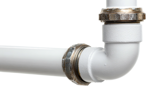 White plastic pipes joined by metallic connectors against black void