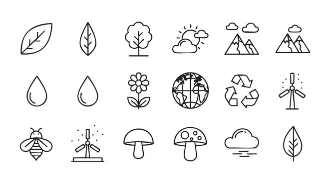 Nature themed line art illustration showcasing various elements of the environment