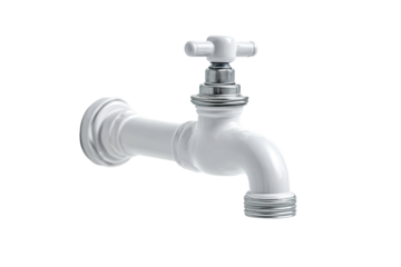 Glossy white faucet with cross-shaped handle on black background