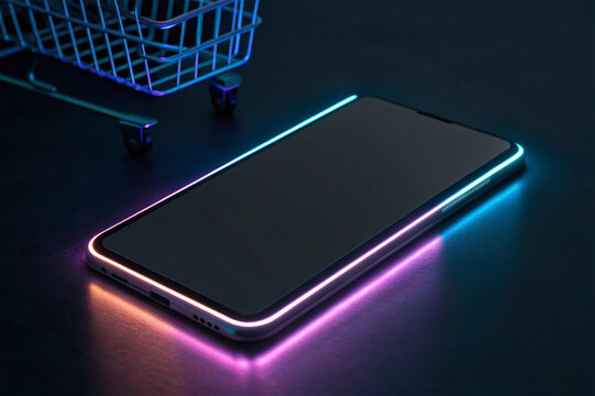 Dynamic digital commerce A sleek, neon-edged smartphone and shopping cart create a compelling visual for instant transactions and innovative online retail solutions - Powered by Adobe