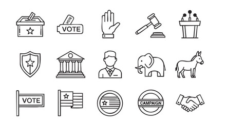 Political Election Icons with Vote Symbols and Government Building Outline
