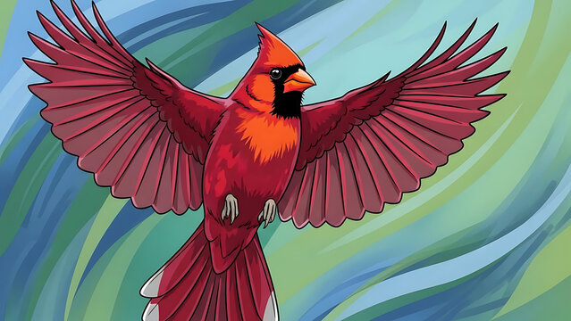 A vibrant red cardinal bird with wings spread wide against a flowing blue and green abstract background, illustrating flight and nature's beauty.