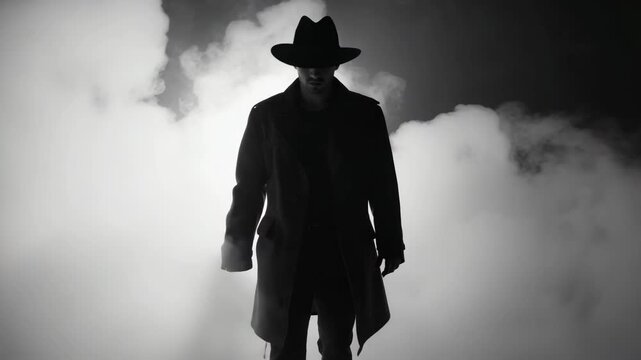 Silhouette of a mysterious man in a fedora hat and trench coat in smoke