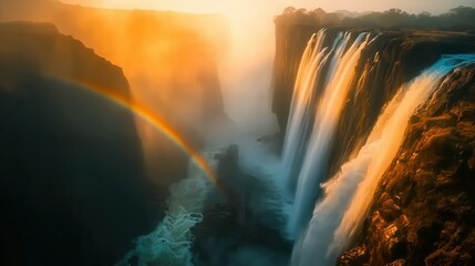 Spectacular Waterfall Cascading with Majestic Rainbow Underneath Golden Sunset Glow
