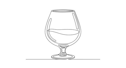 Elegant snifter glass depicted in a minimalist continuous single line art style, a simple drawing of an alcoholic beverage
