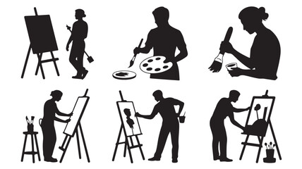 Obraz premium Silhouette set of artists painting on canvas creative hobby vector illustration isolated on white background