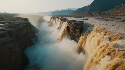 Awe-Inspiring Huangguoshu Waterfall Cascading Down Rocky Cliffs in Golden Sunrise Light
