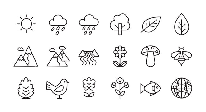 Simple minimalist vector nature icon set featuring sunshine rain mountains