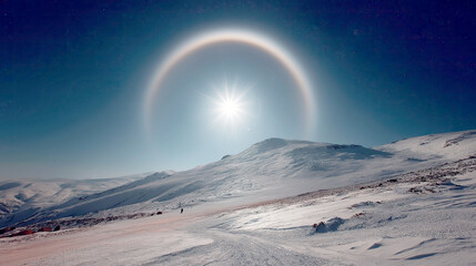 Sun Halo Over a Vast, Snowy Mountain Landscape