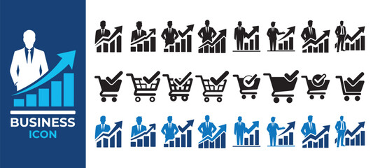Business and shopping icon set. Corporate growth, analytics, cart symbols collection. Vector illustration eps 10