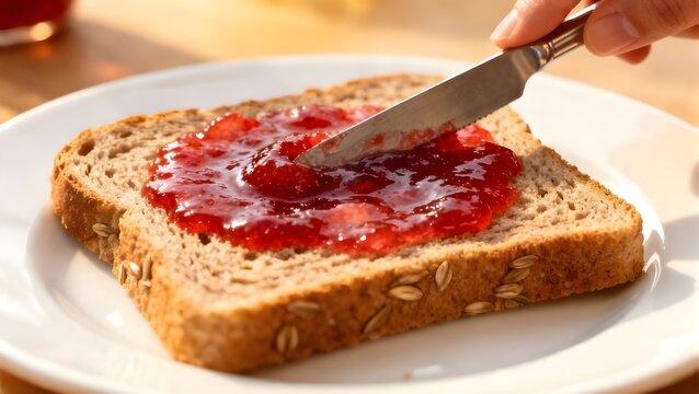 Close up Toast bread and Strawberry Jam.Spreading jam on slice whole wheat bread in white plate. - Powered by Adobe