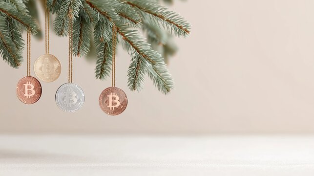 Metal bitcoin coins hang from evergreen branches as symbolic financial decorations for seasonal campaigns. The composition supports cryptocurrency topics combined with holiday retail and digital