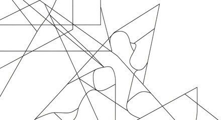 A complex black and white abstract design with intersecting lines shapes