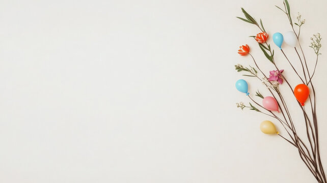 Colorful balloon bouquet with flowers white background, cheerful retirement celebration card