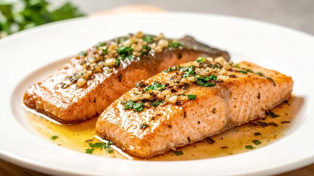 Salmon Fillets with Garlic Herb Topping - Two cooked salmon fillets are displayed on a white plate, drizzled with a savory sauce and topped with garlic and herbs.