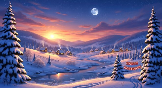 Magical winter wonderland at dusk with snow-covered cottages and a happy holidays banner - Powered by Adobe