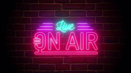Live on air microphone light neon signboard. neon banner podcast stream recording studio brick wall background animation. - Powered by Adobe