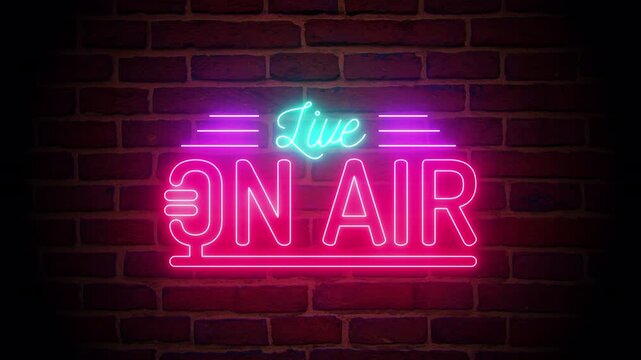 Live on air microphone light neon signboard. neon banner podcast stream recording studio brick wall background animation.