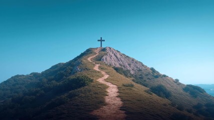 Cross hill path sunrise sky mountain landscape faith christian hope serene landscape with winding path to lone cross sunlit hill clear sky calm morning light spiritual pilgrimage peaceful devotion - Powered by Adobe