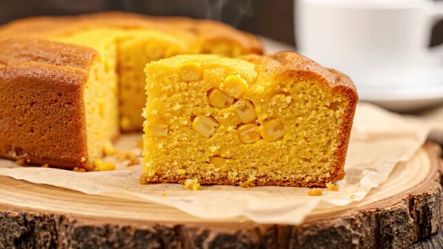 Freshly Baked Cornbread with Coffee - A slice of cornbread filled with kernels of corn sits on a wooden board, with the rest of the cake and a cup of coffee blurred in the background.