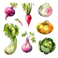  Watercolor vegetables Set on white background