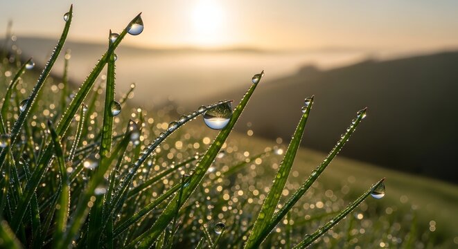 Close up of dew drops on grass blades glistening at sunrise in landscape