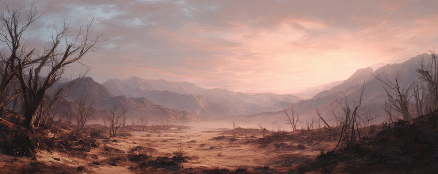 Desert valley barren landscape dry riverbed distant mountains pastel sunrise dusty haze dead tree - Powered by Adobe