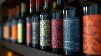 Wine bottle row colorful label shelf display liquor shop glass pattern closeup vibrant mood