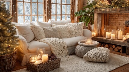 Neutral Christmas interior with soft textiles and warm lighting presents a clean seasonal home setting. Elegant holiday styling highlights winter decor and modern home atmosphere