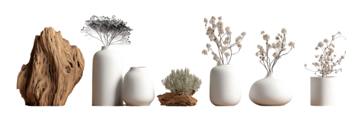 Minimalist still life of white vases, dried floral arrangements