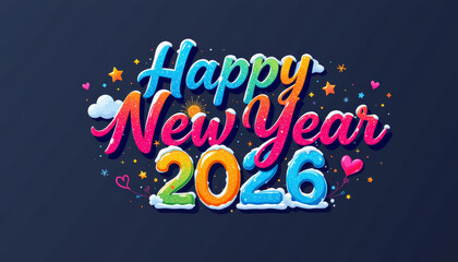 Happy new year greeting, colorful text, festive design, 2026 celebration, cheerful, confetti sparkle joy