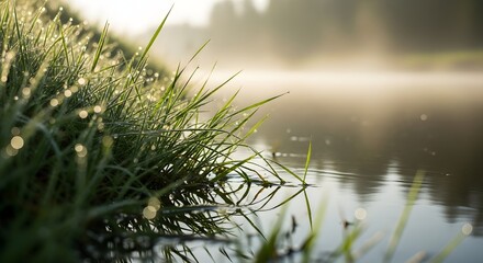 Close up of fresh green grass growing next to lake on foggy morning