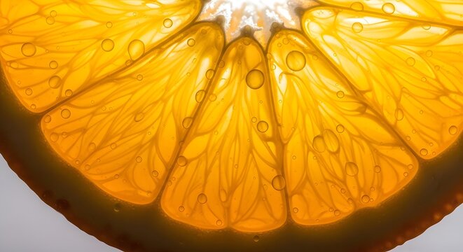 Close up detail of juicy orange slice showing pulp and liquid droplets - Powered by Adobe