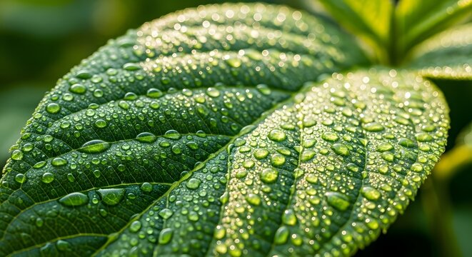 Water drops on green leaf in morning light creating beautiful natural texture