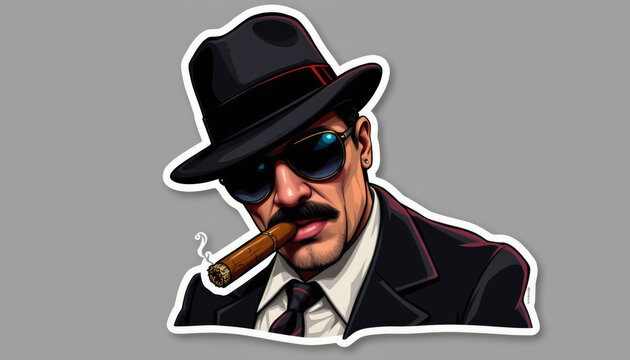 Mafia gangster sticker hat sunglasses mustache cigar smoke