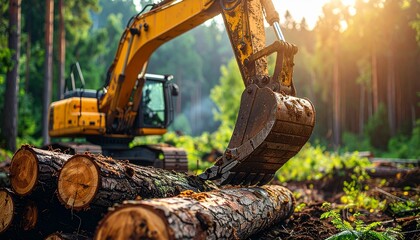 Fototapeta premium Logging Excavator Loading Logs in Golden Sunlight