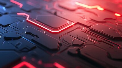 Close-up of a dark, futuristic circuit board with glowing red and blue neon lines, representing advanced technology and data flow.