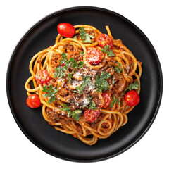 Spaghetti with meaty tomato sauce, herbs, and cherry tomatoes