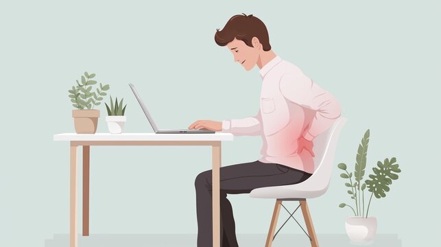 An illustrated man holding his lower back shows discomfort from poor sitting posture, long computer sessions, and ergonomic strain. The artwork supports themes in health education, workspace setup