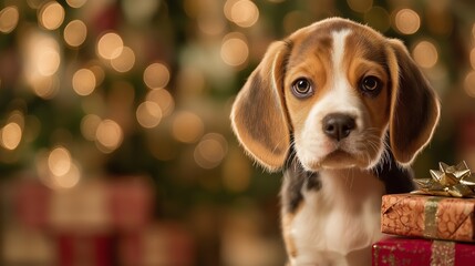 Christmas beagle puppy portrait with gift boxes used as a promotional seasonal asset for holiday campaigns. The scene strengthens emotional holiday branding with pet imagery and warm festive elements