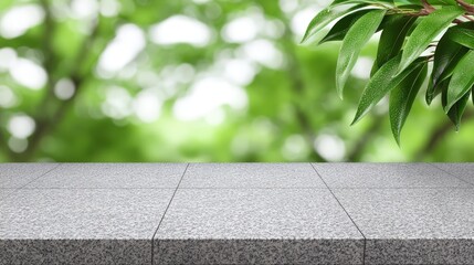 A clean, rough-textured gray granite stone tabletop or counter is positioned against a vibrant, defocused green forest background with natural bokeh, framed by dark green leaves sp