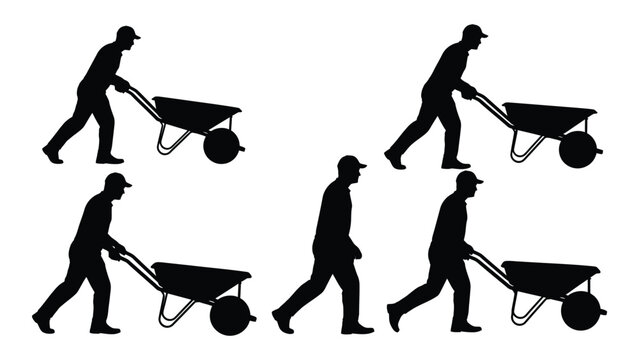 Man pushing wheelbarrow silhouettes isolated on white background, Vector
