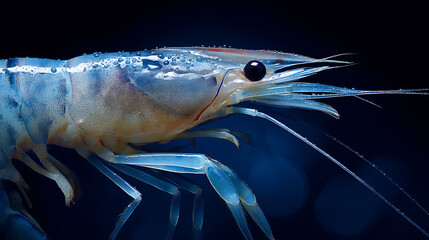 Fresh shrimp on a dark blue background