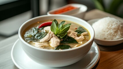Ginger-based chicken soup with green papaya and  leaves, served hot in a white bowl with a side of rice.