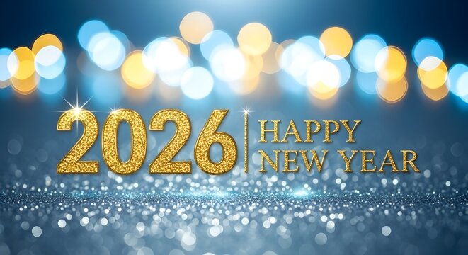 2026 happy new year golden glitter text celebration with sparkling bokeh lights abstract blue background design - Powered by Adobe