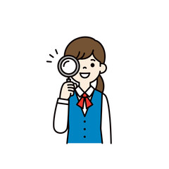 Fototapeta premium 虫眼鏡を覗いて分析する、制服を着た若い女性のシンプルな上半身ベクターイラスト素材＿カラー